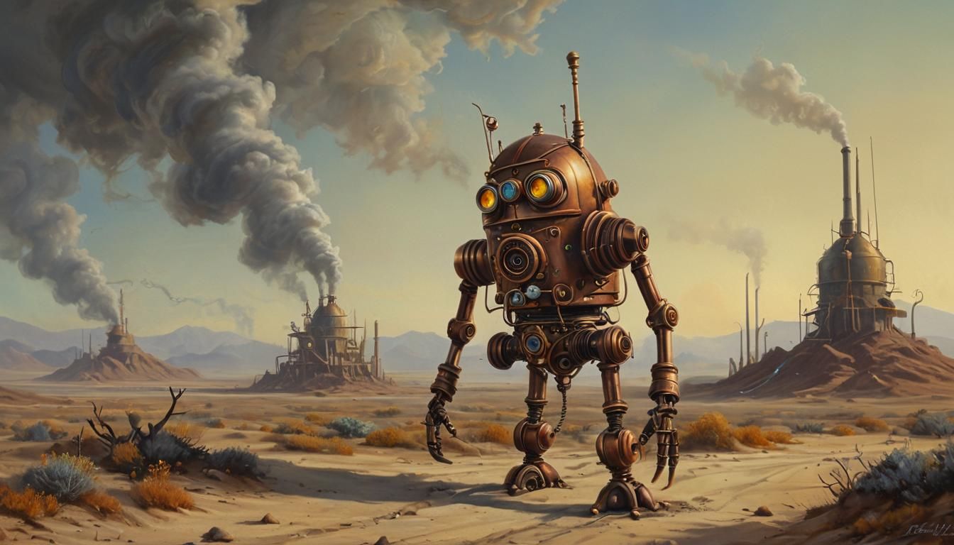 Steampunk Robot in Surreal Desert Landscape