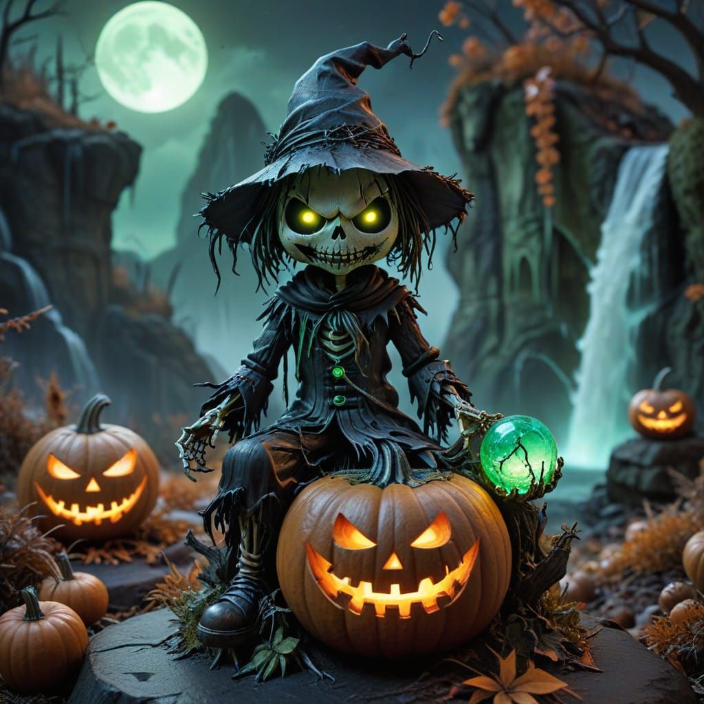 Skeletal Chibi Scarecrow with Glowing Orb