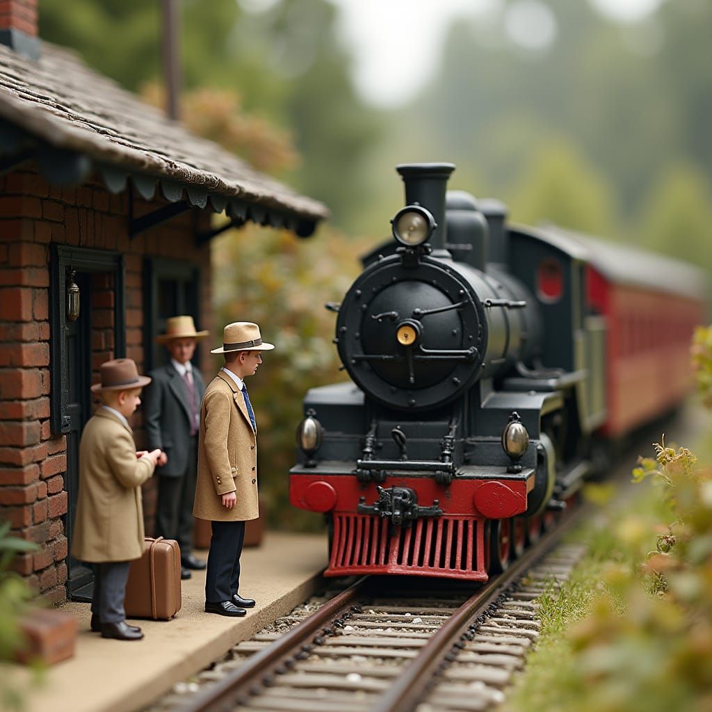 Miniature Train Scene in Nostalgic Realism Style