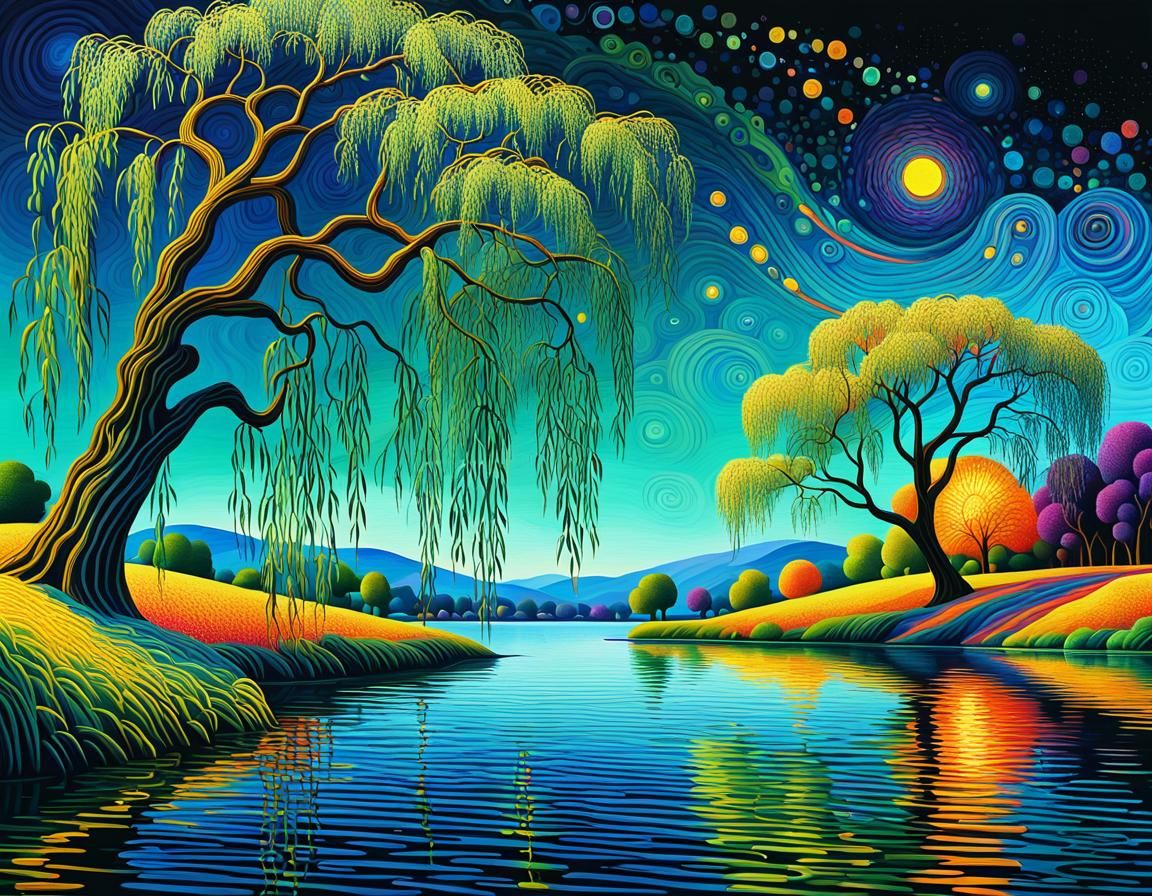 Weeping Willow Lakeshore in Geometric Abstract Style