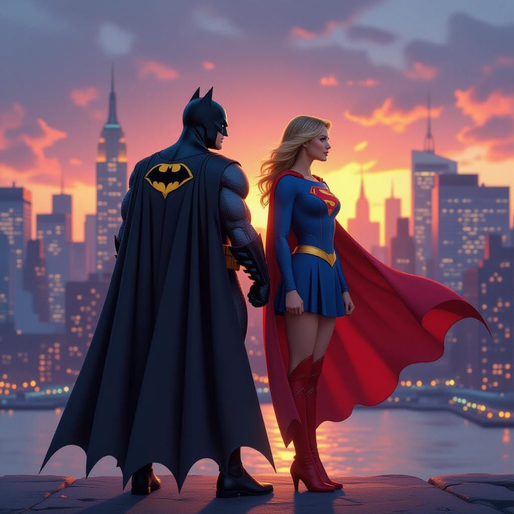 Batman and Supergirl in New York City at Sunset