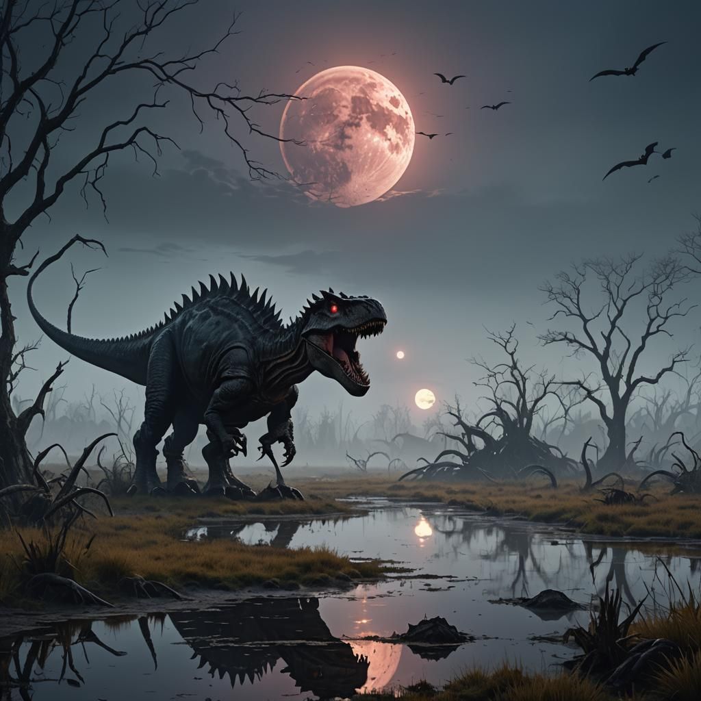 Demonic Dinosaur in Foggy Marshland: Epic Matte Painting