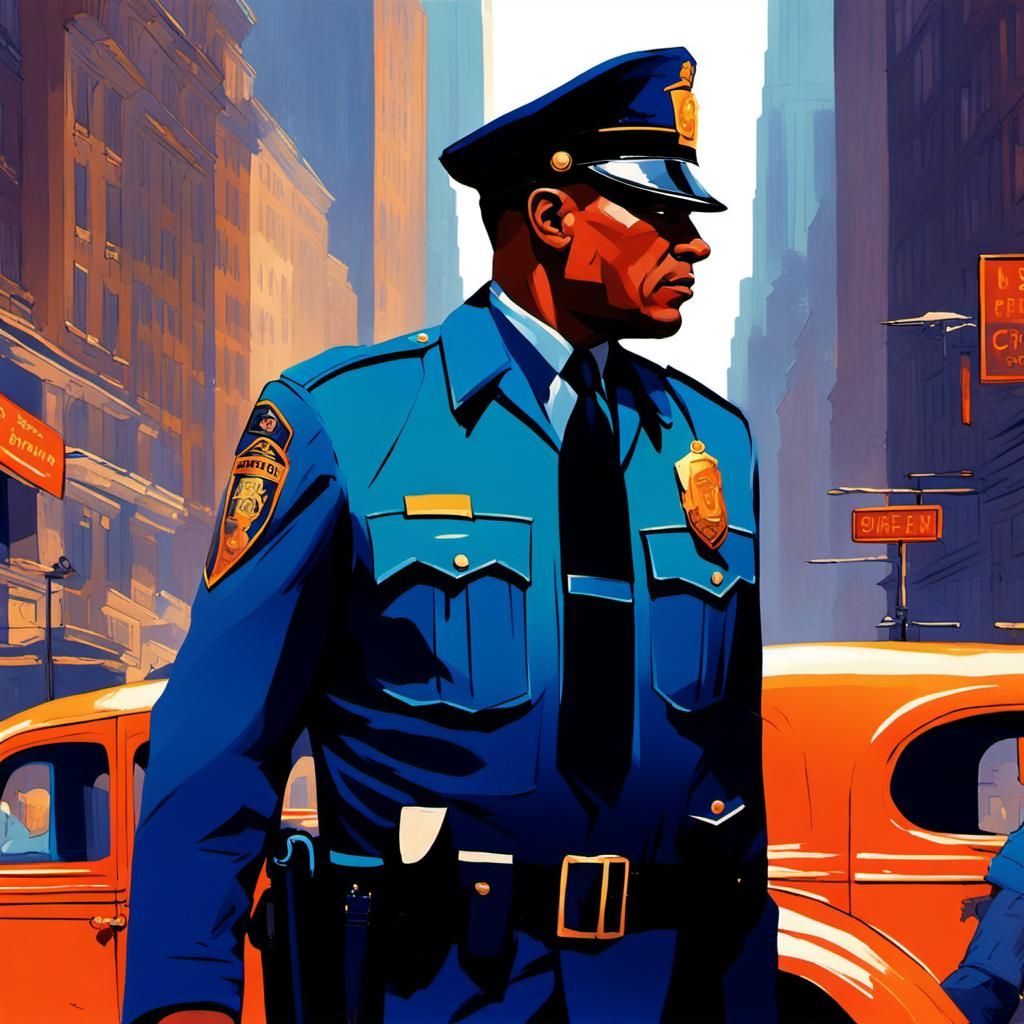 Heroic Policeman in Cityscape: 1930s Illustration