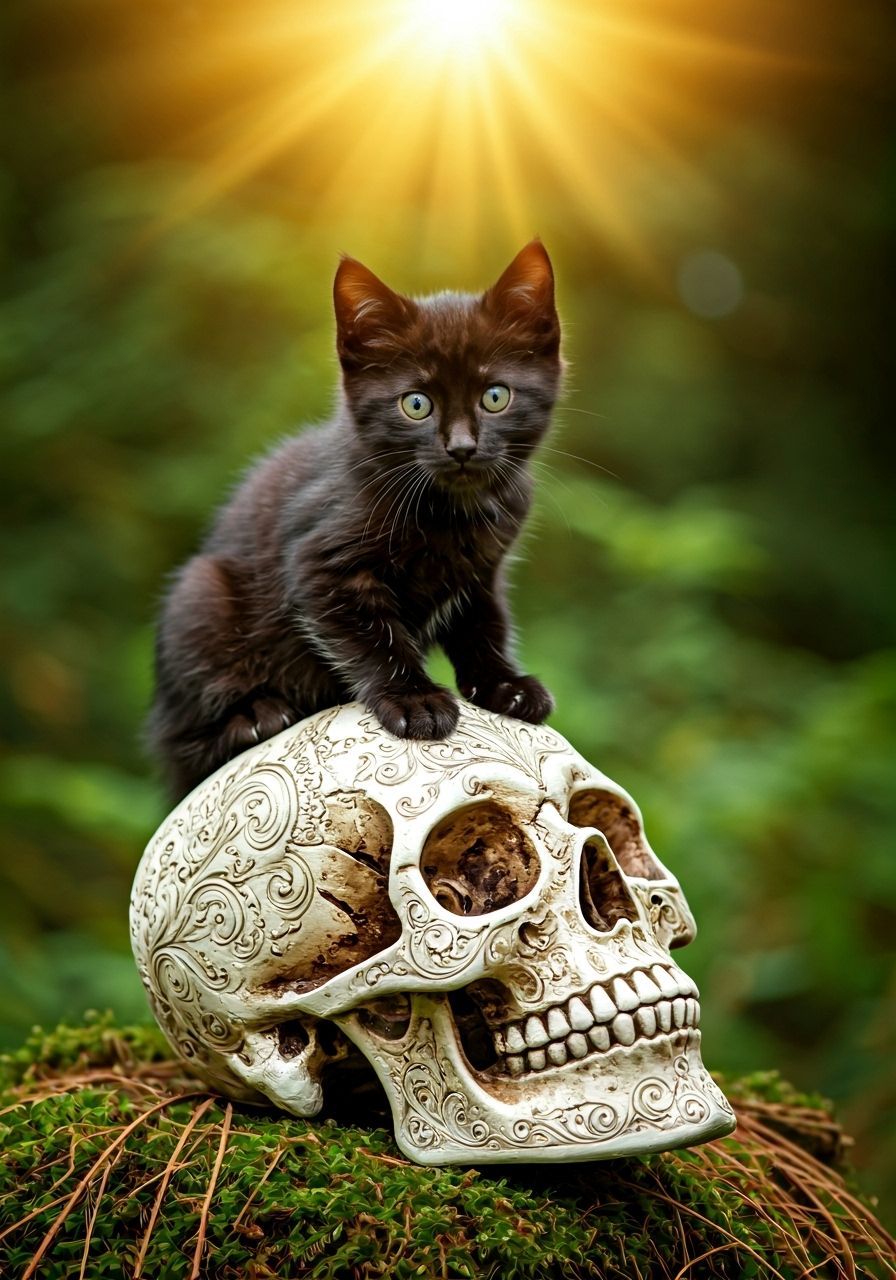 Cute Kitten on Engraved Skull in Autumn Sunbeam