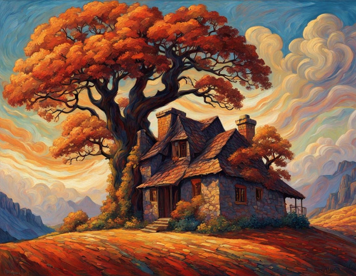 Art Nouveau Cottage in Sunlit Landscape