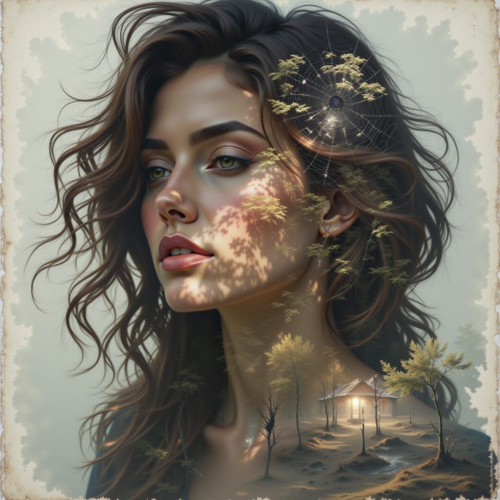 Surreal Double Exposure: Woman and Spider Web