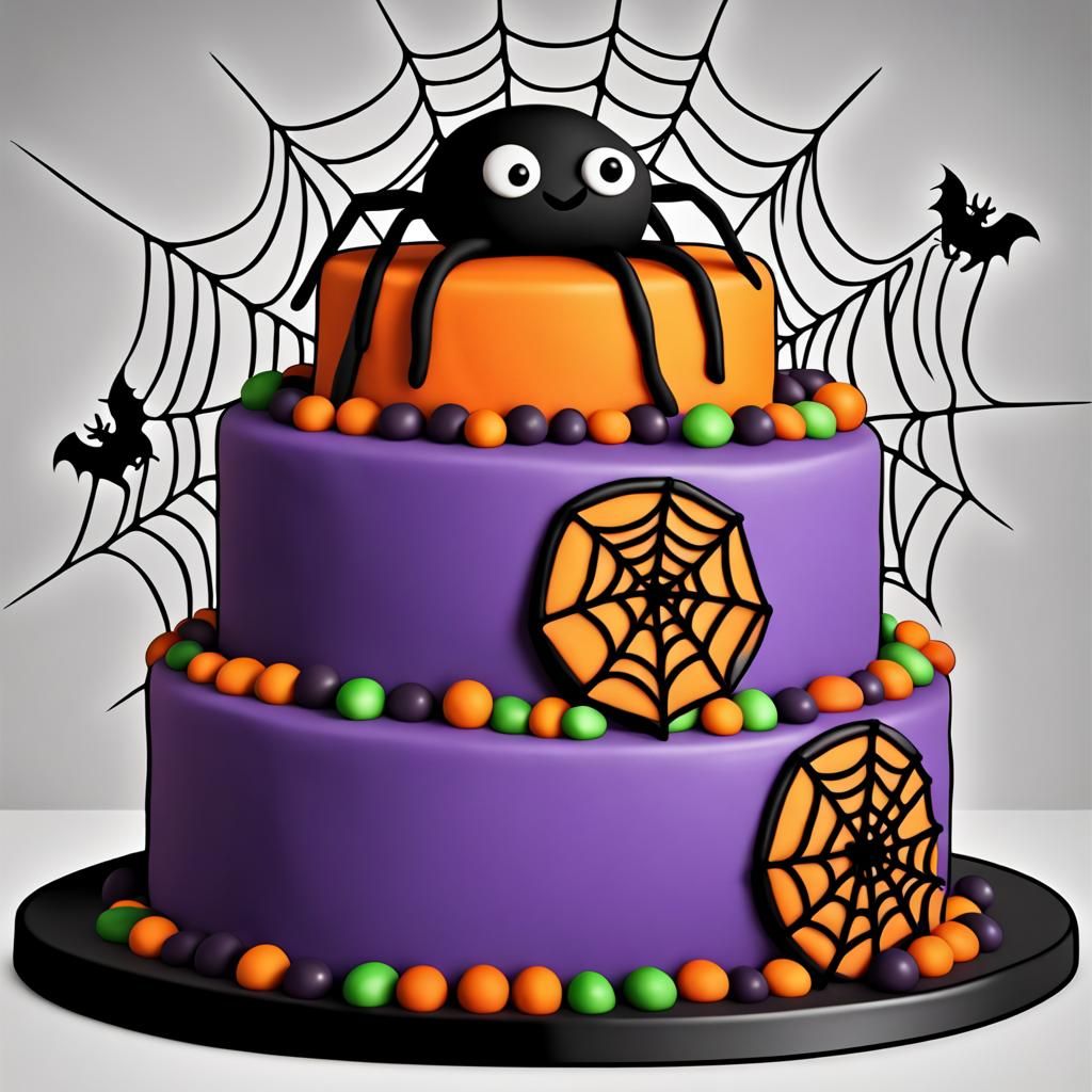 Halloween Cake Design with Spider Web and Witch
