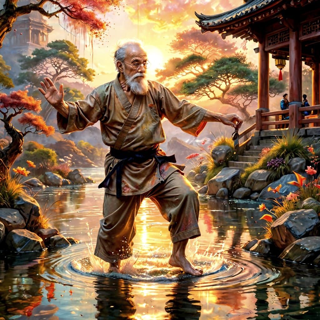 Watercolor of Old Man Karate Kick at Japanese Temple