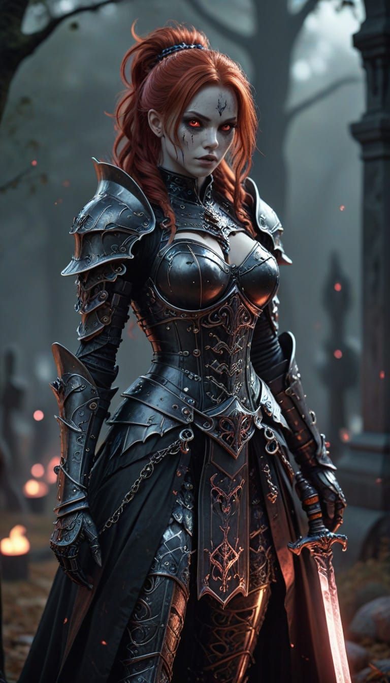 Ethereal Gothic Knight in Haunted Graveyard