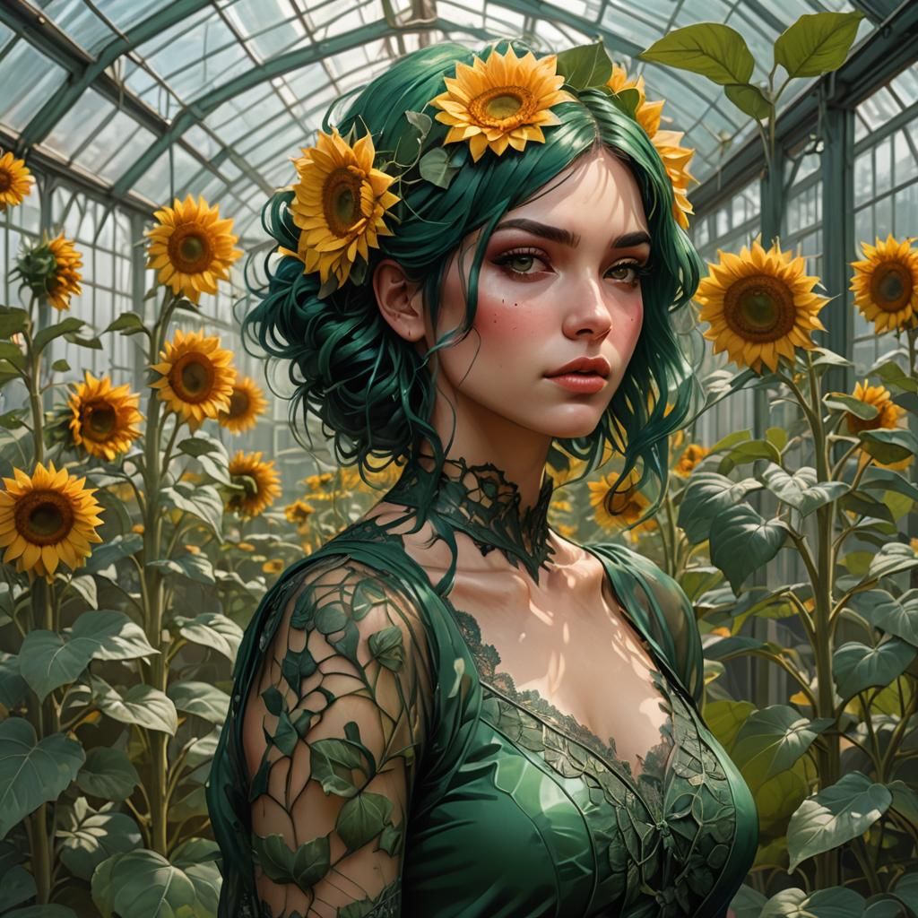 Green-Haired Girl in Greenhouse, Hyperdetailed Portrait
