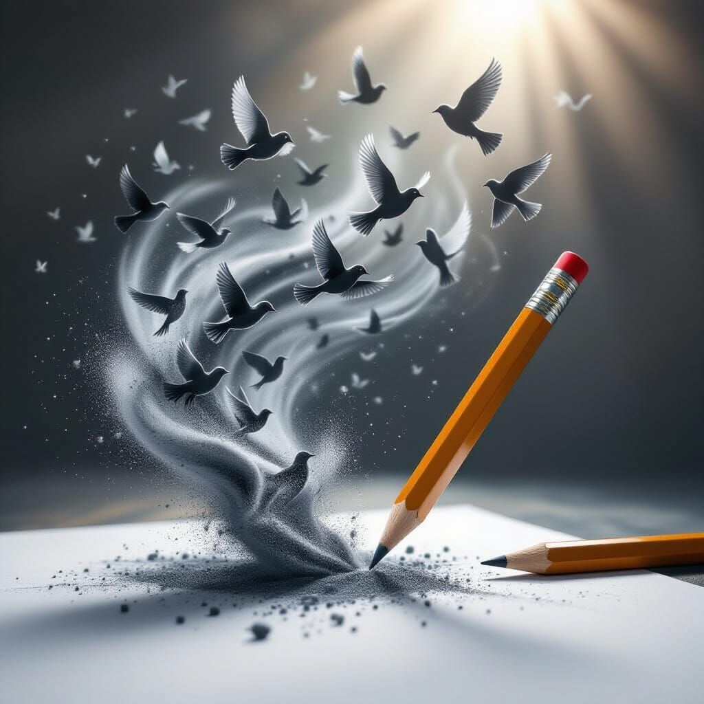 Pencil Dissolves Into Graphite Birds Emerging From Sketchpad