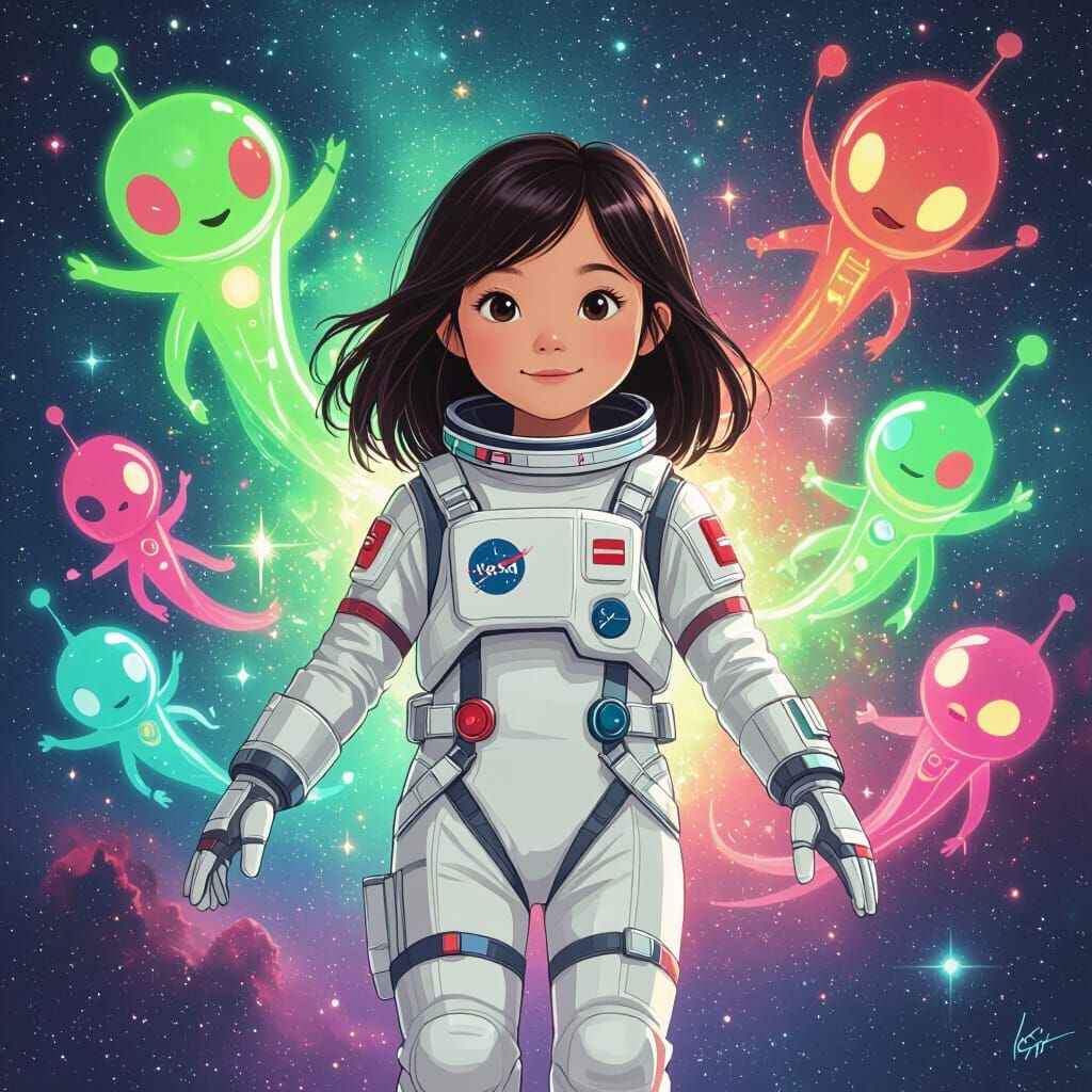Girl in Spacesuit Surrounded by Neon Aliens