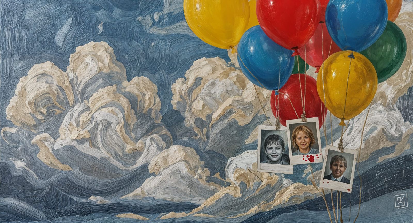 Children's Portraits Suspended in Dreamlike Sky