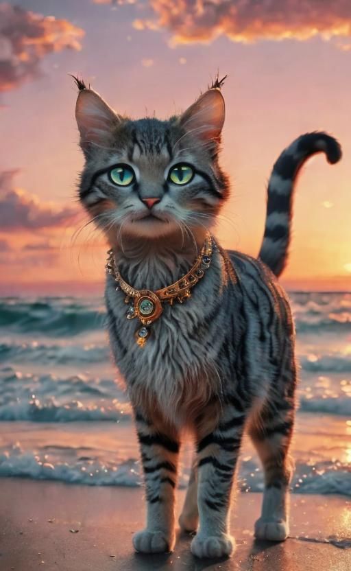 Mythical Cat on Sunset Beach: Vaporwave Style