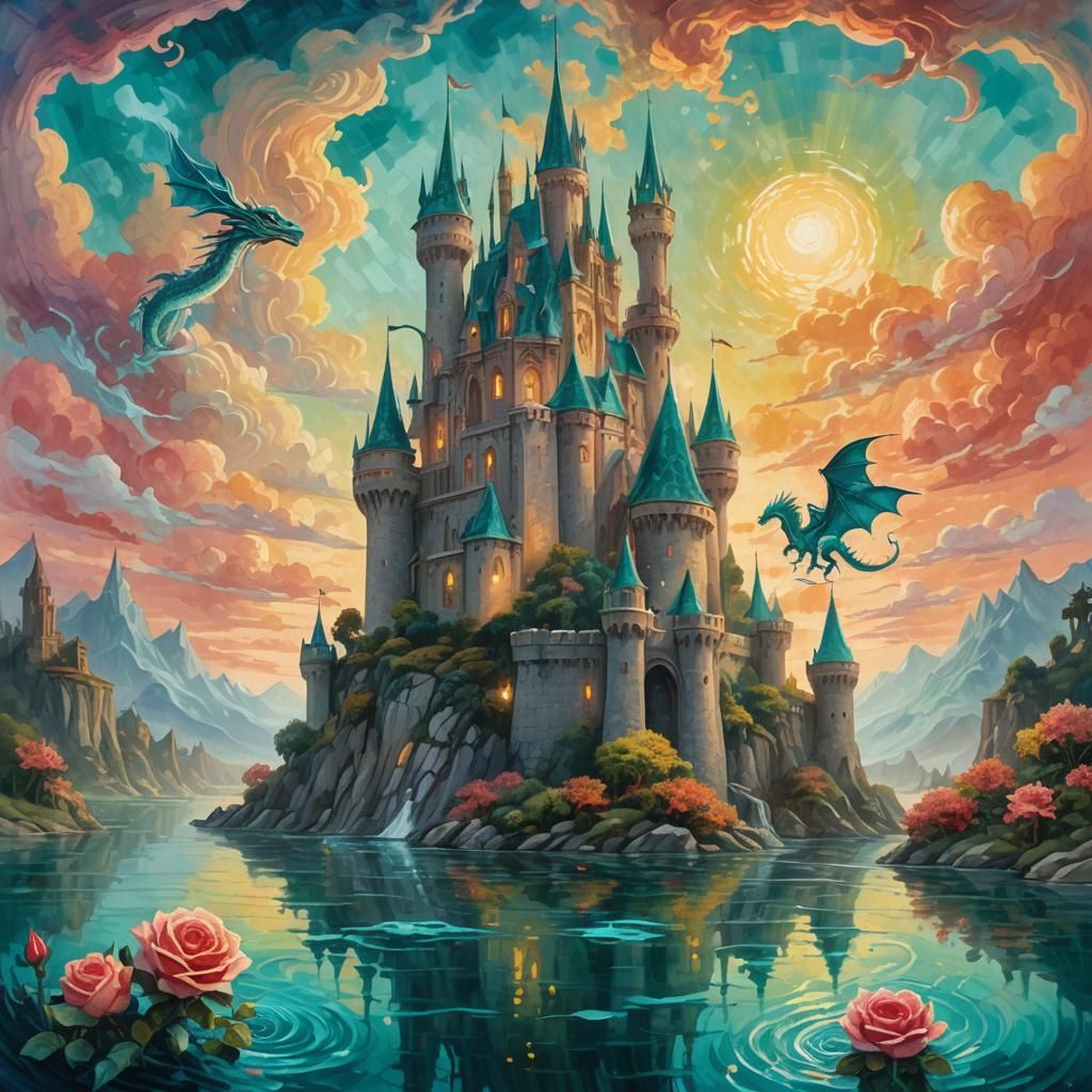 Fantasy Rose Castle with Dragon in Gouache Impressionism