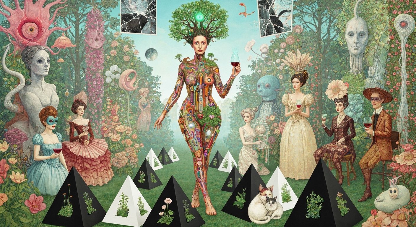 Mystical Woman Walking on Pyramids, Collage Art