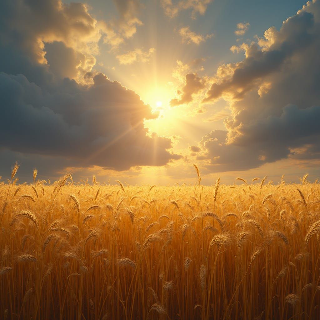 Golden Wheat Field Under Dramatic Sky, Digital Matte Paintin...