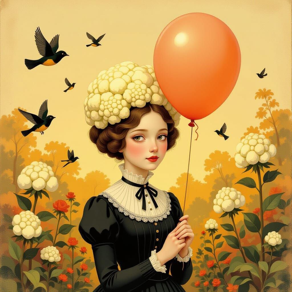 Surreal Victorian Woman with Balloon Face in Dreamscape