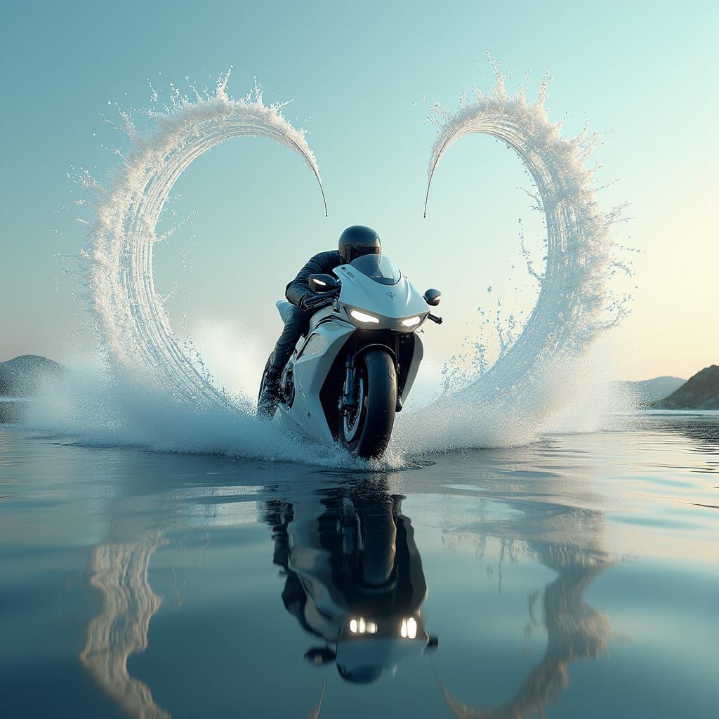 Futuristic Motorcycle Slices Through Water in Surreal Scene