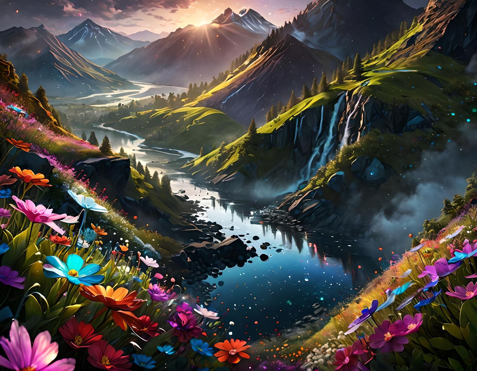 Shimmering Flowers Under Galaxy Sky: Hyperrealistic Splash A...