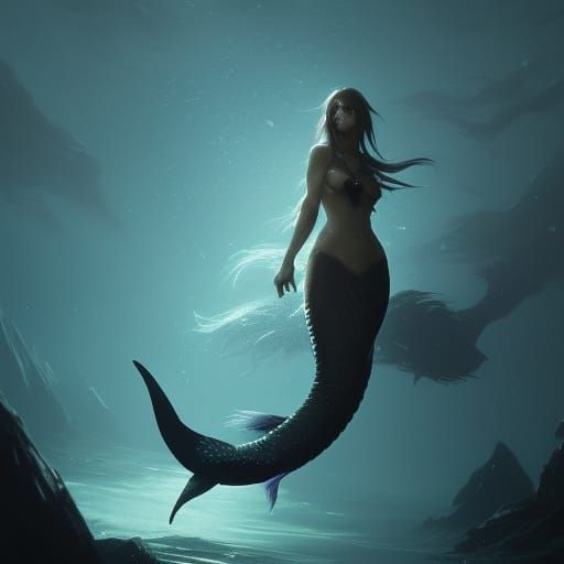Mysterious Mermaid with Shattered Moon, Dark Fantasy Art