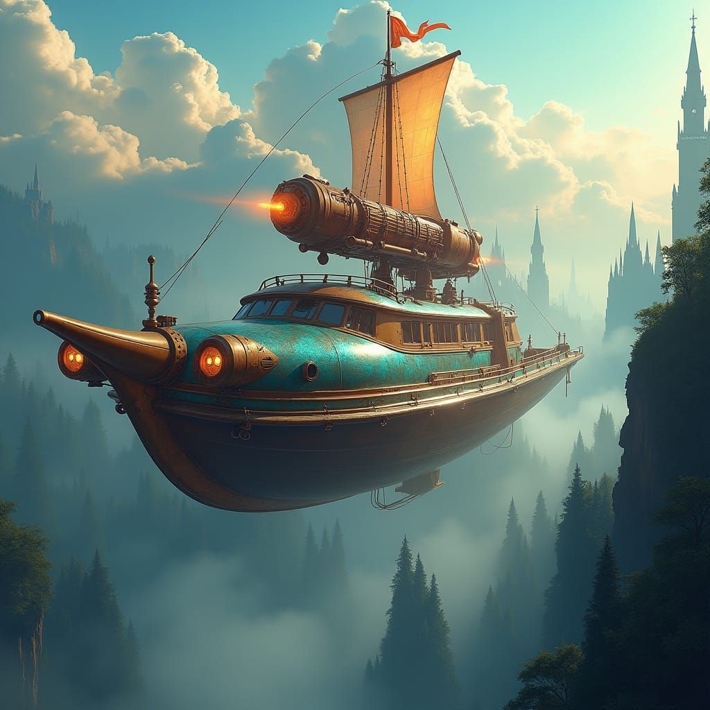 Iridescent Flying Boat and Steampunk Bus in Sky