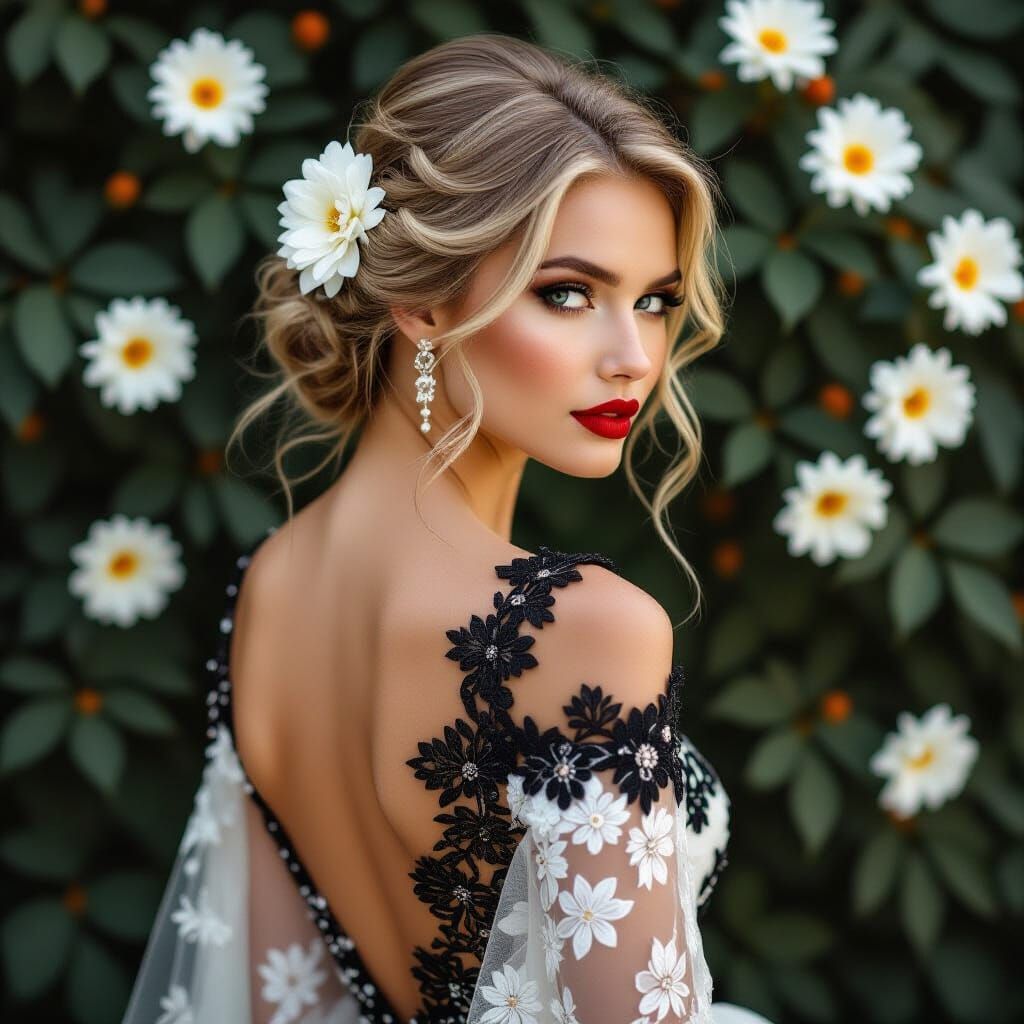 Elegant Woman in Gown, Art Nouveau Floral Portrait