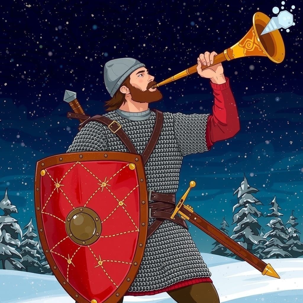 Russian Hero Blowing Horn in Snowy Night