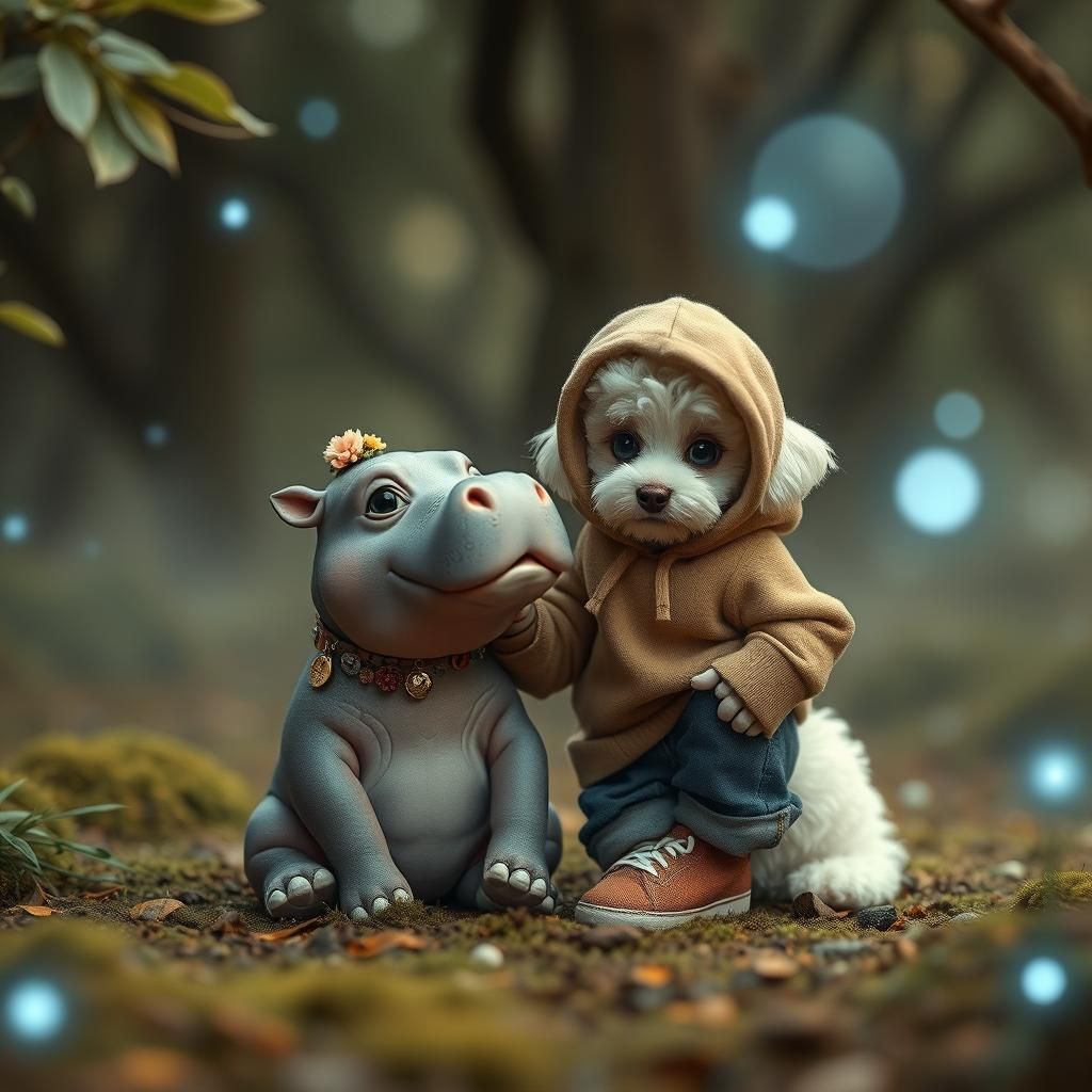 Baby Hippo and Puppy in Whimsical Forest