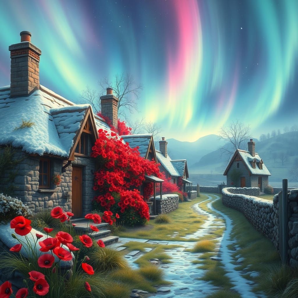 Mystical Aurora Over Poppies and Stone Cottages