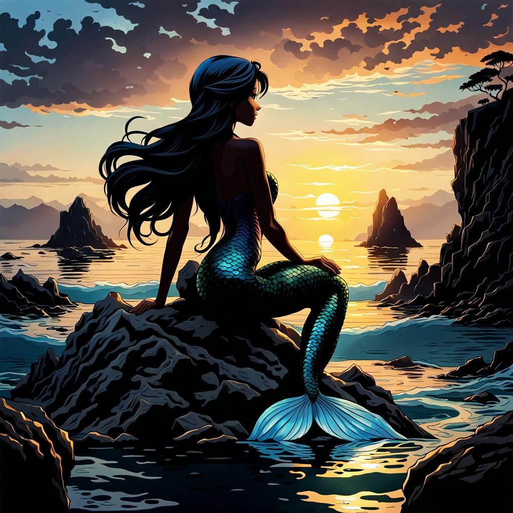 Mermaid Silhouette at Sunset in Anime Style