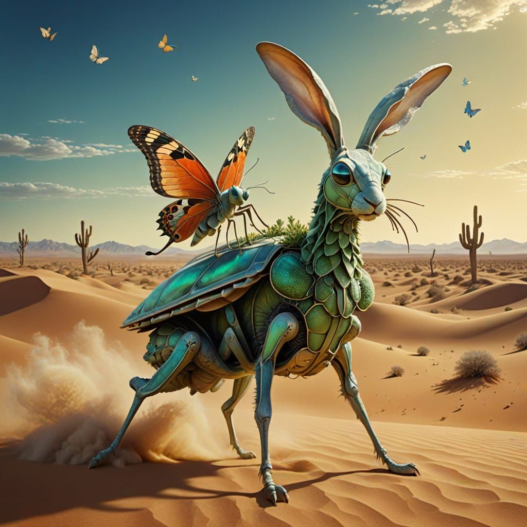 Surreal Mantis Rides Winged Rabbit in Ethereal Desert