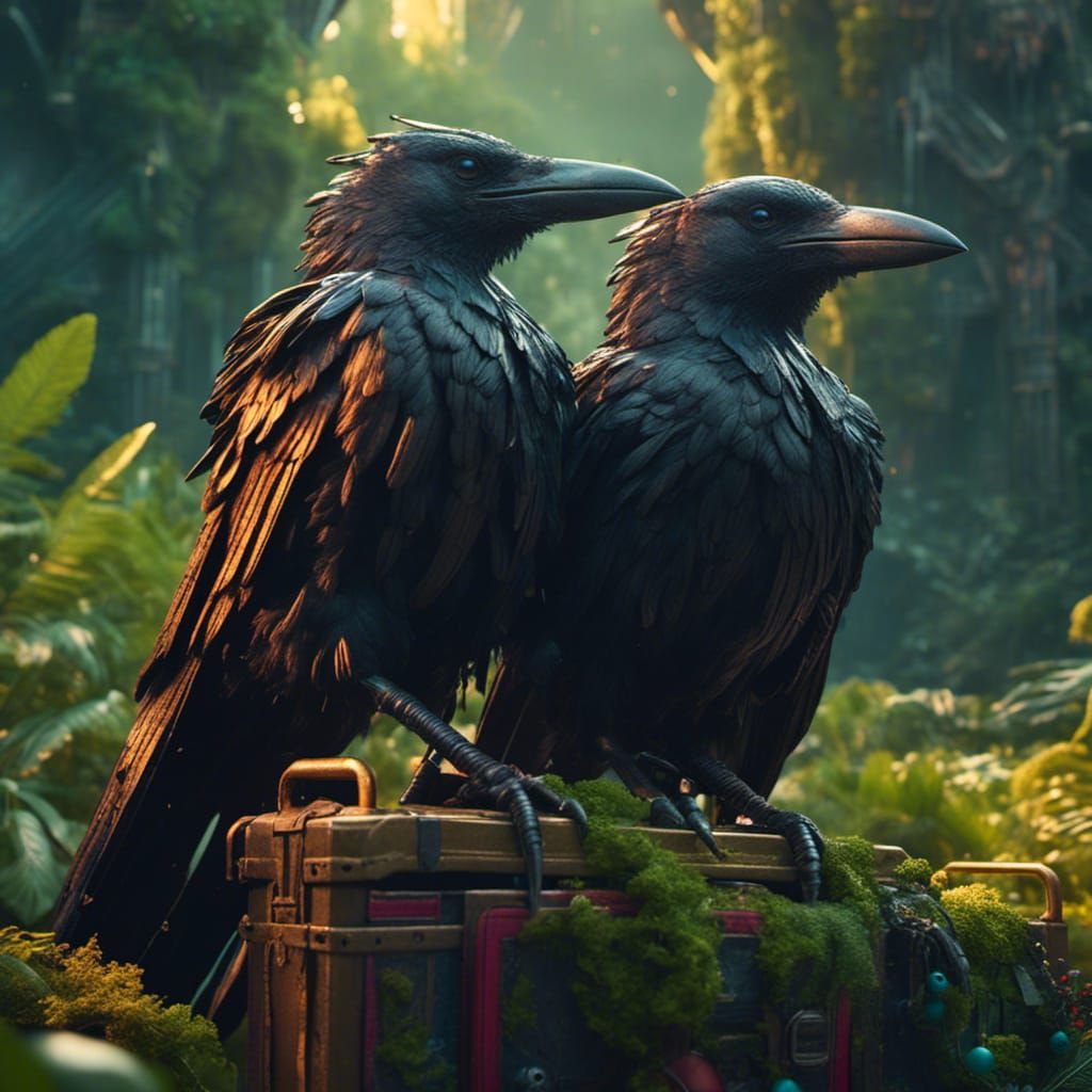 Crows Celestial Messengers Amidst Vibrant Foliage in Oil Pai...