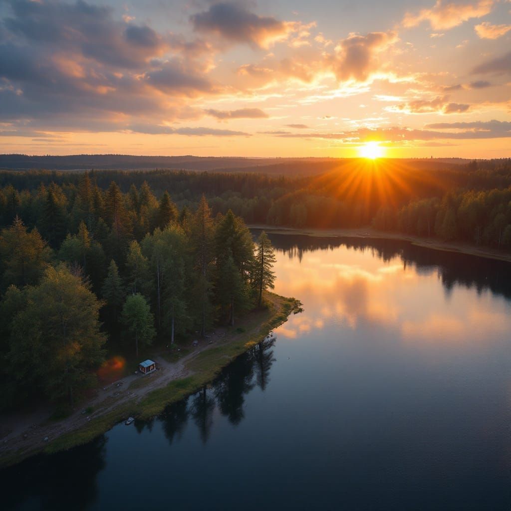Drone View of Woodland Lake at Sunset