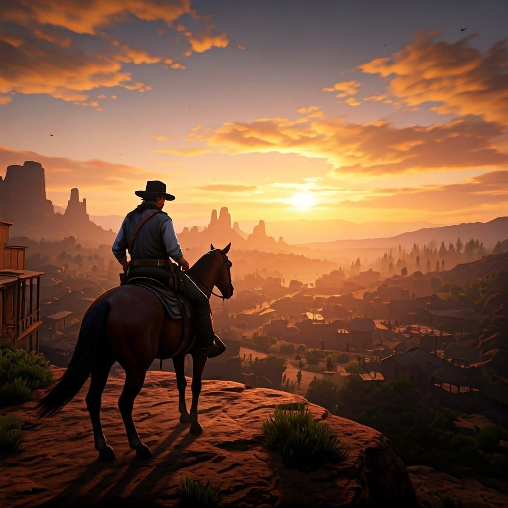 Cowboy Sunset Over Western Town in Red Dead Style
