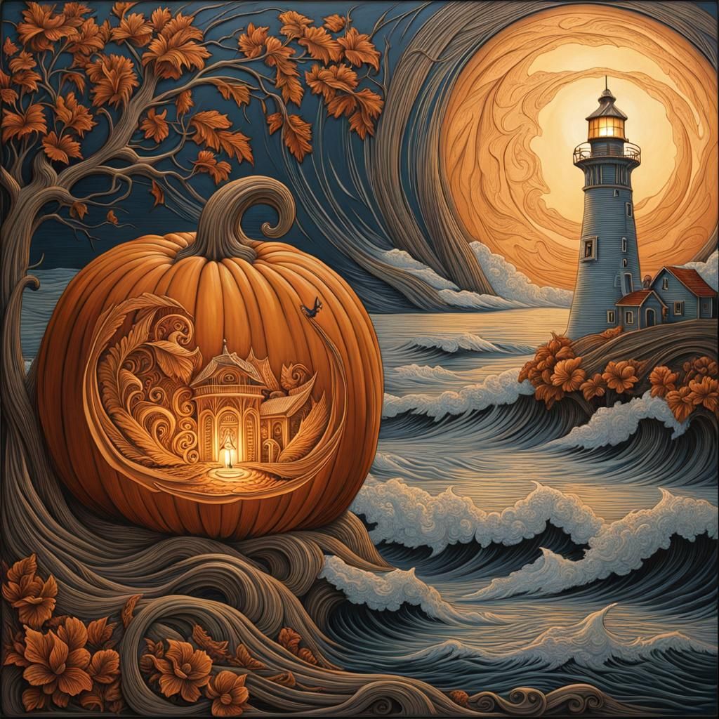 Intricate Pumpkin Carving of Lighthouse by Candlelight