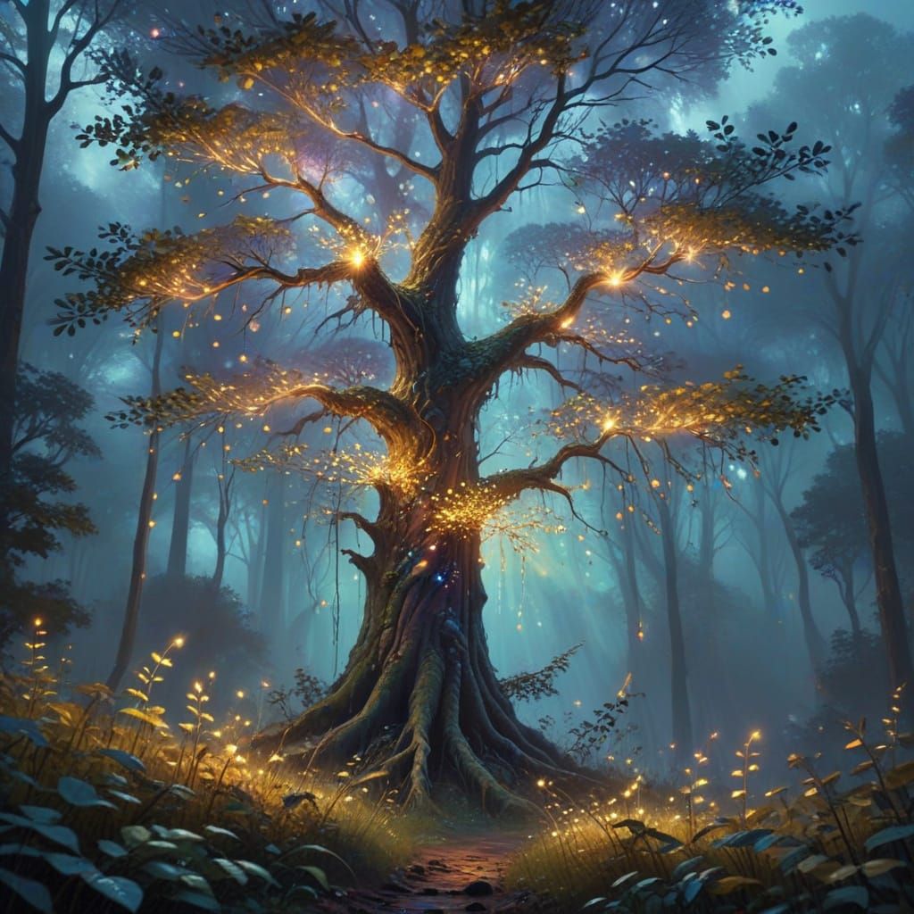 Surrealism Tree in a Dreamlike Forest Scene