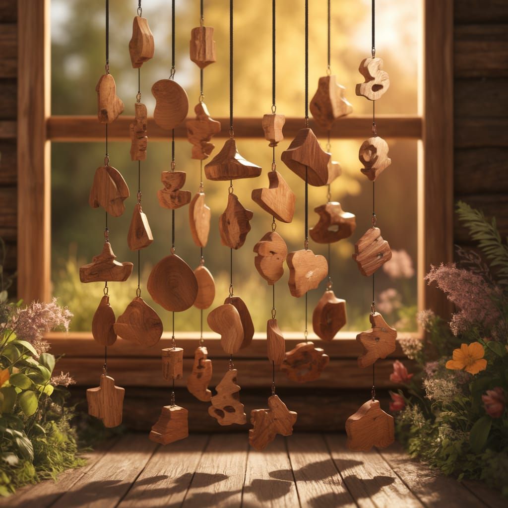 Whimsical Wooden Mobile in Sunlit Cabin