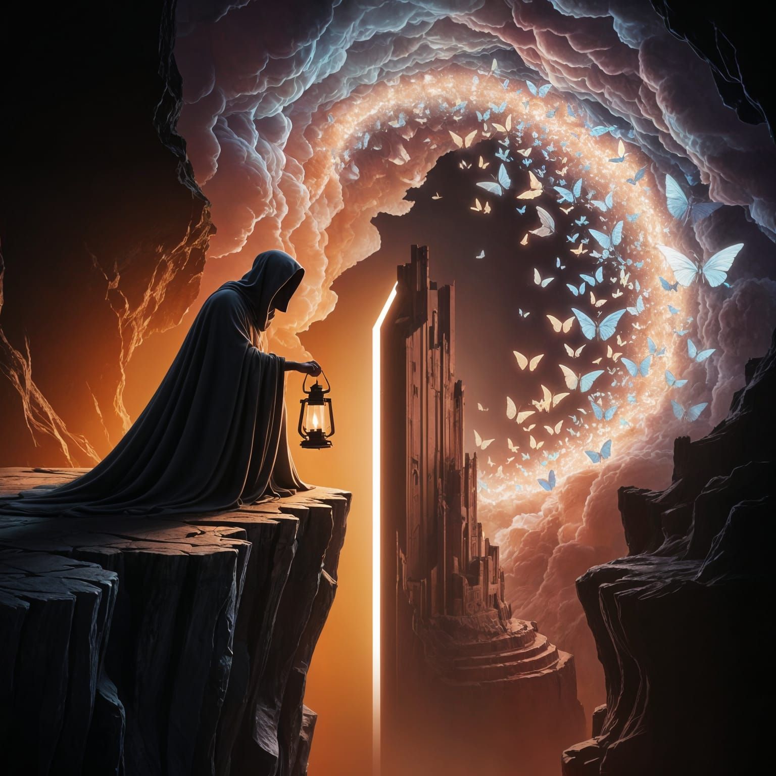 Surreal Figure Gazing into Butterfly Chasm