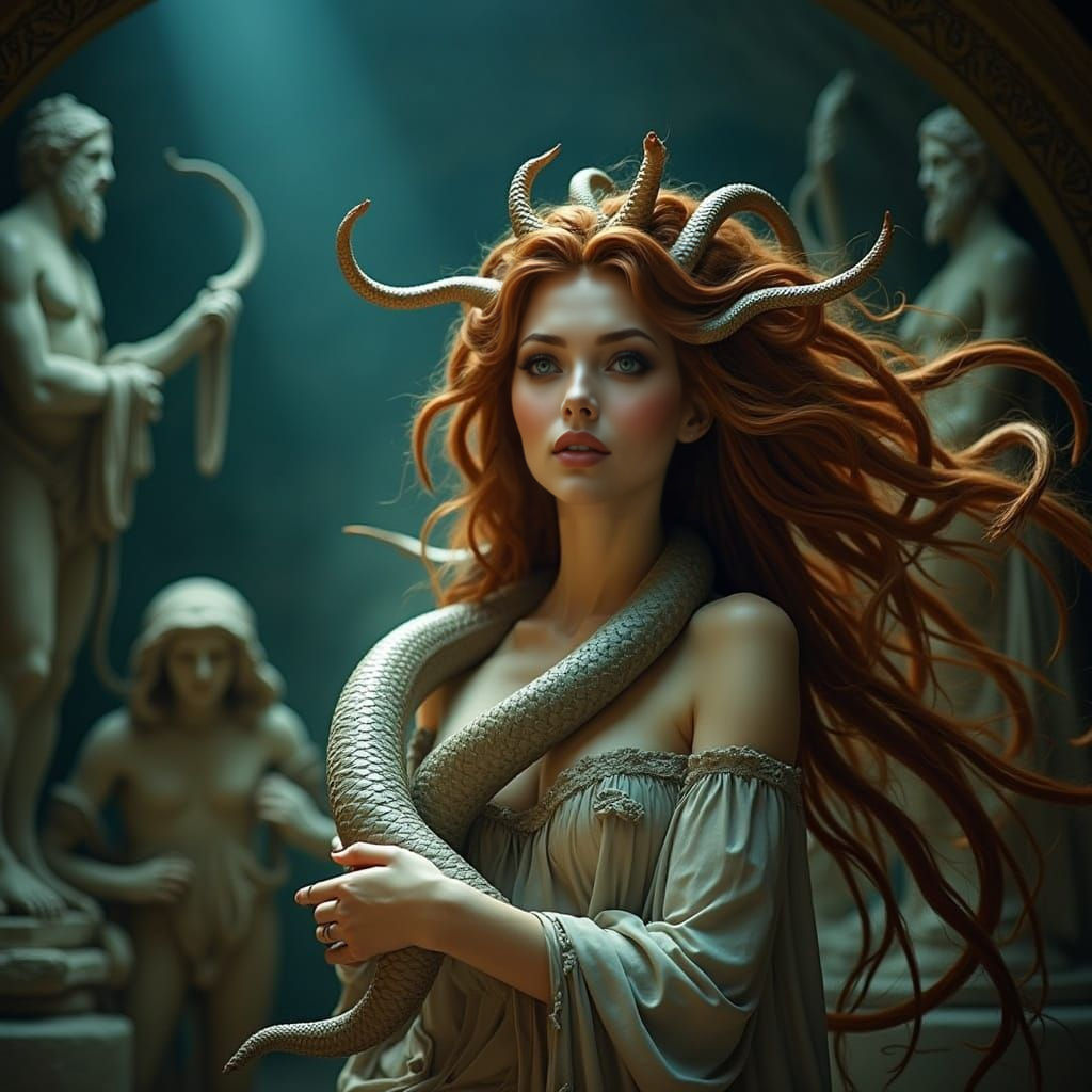 Green-Eyed Medusa in Ancient Grotto