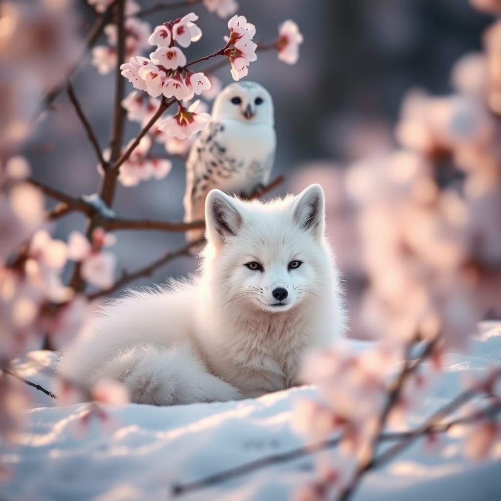 Fox and Owl in Blossoming Snow Scene