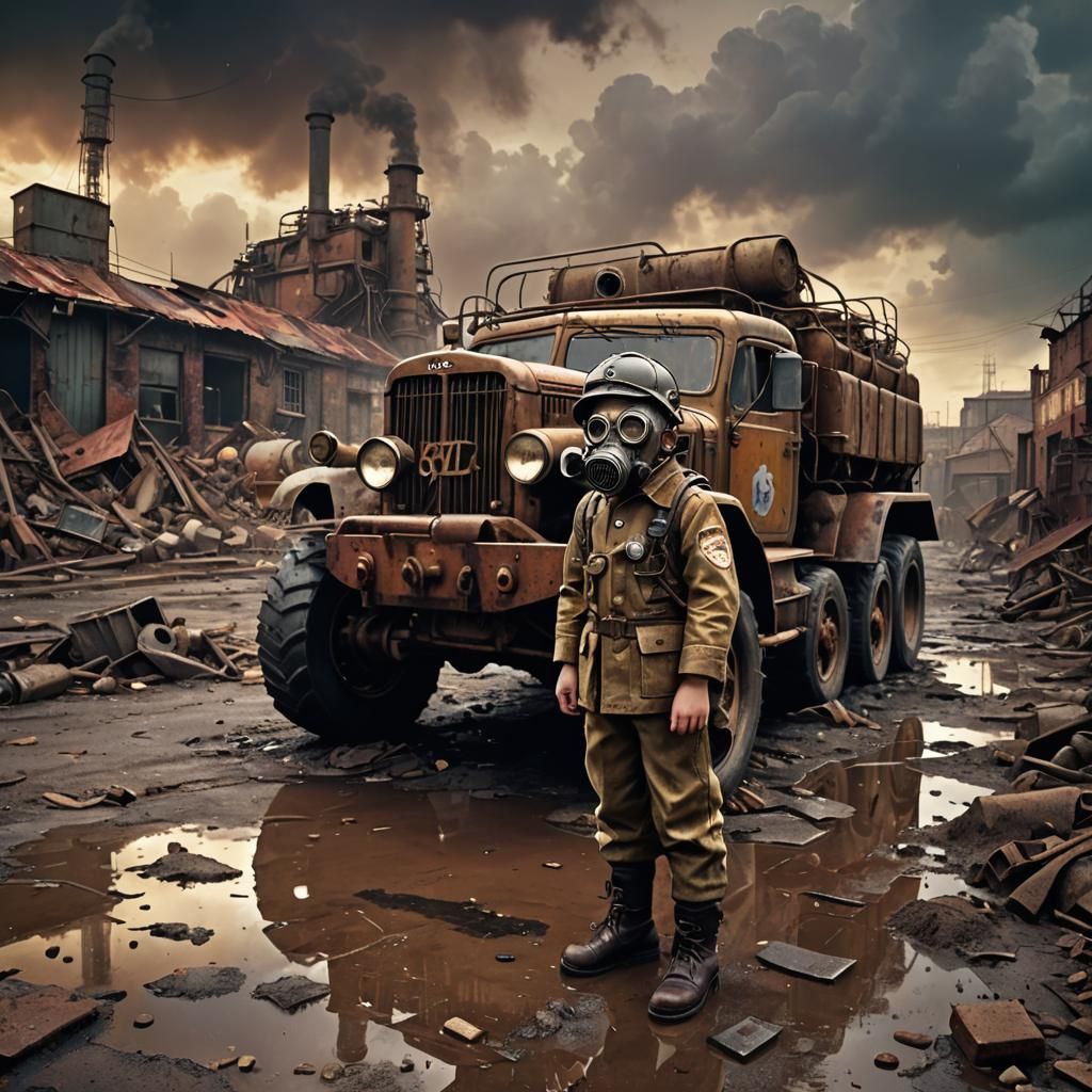 Dieselpunk Child in Wasteland with Panzer Truck