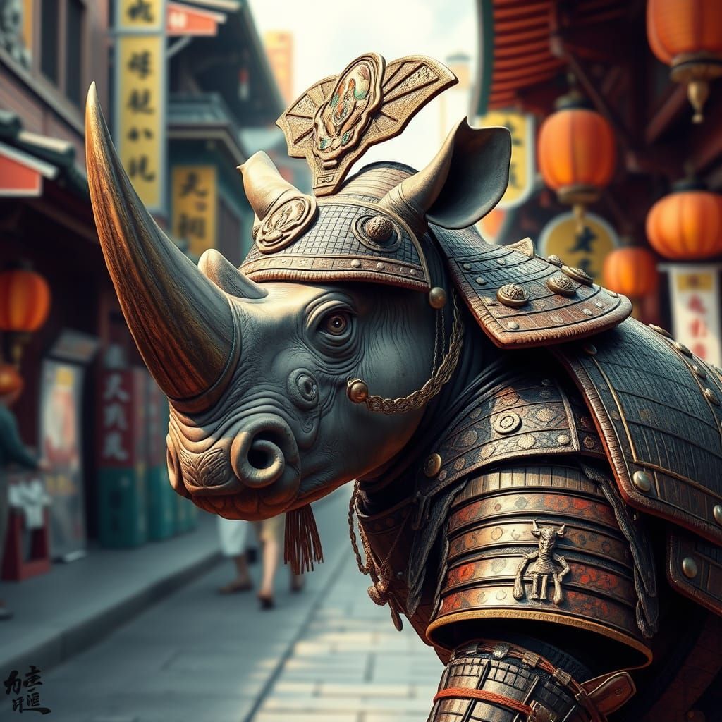 Samurai Rhino in Japanese Cityscape