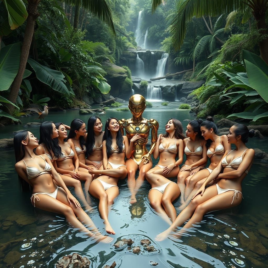 Sensual Goddesses Embrace in Tropical Paradise with Golden R...
