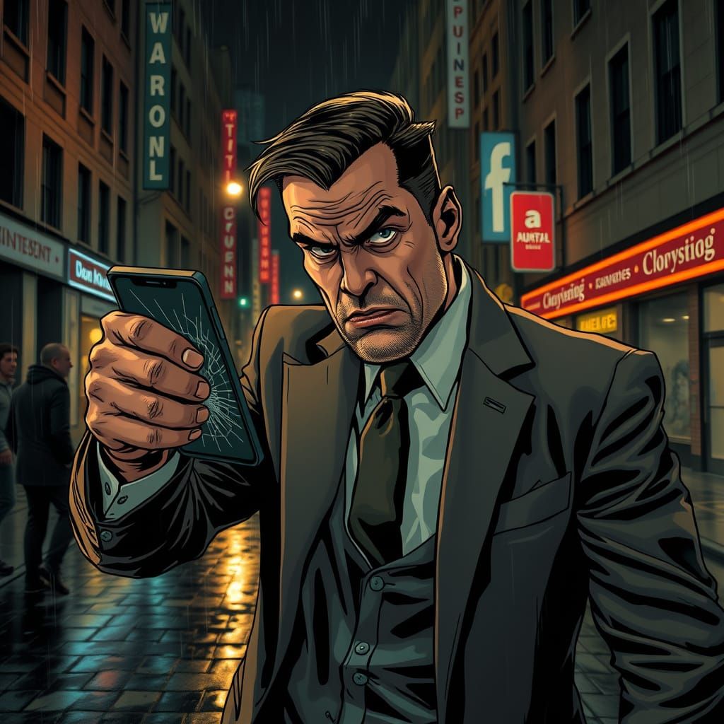 Furious Man Punches Shattered Smartphone in Rainy City Night