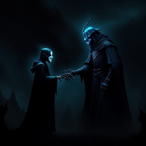 Skeletal Dragon Confronts a Cursed Wizard in Dark Fantasy