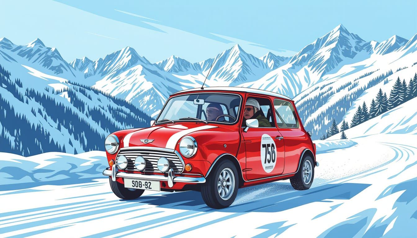 1962 Cooper Mini Races Through Snowy Alps in 80s Poster Styl...