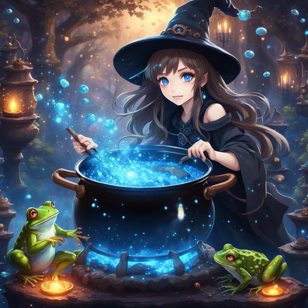 Anime Witch Brewing Cauldron in Glittering Fantasy