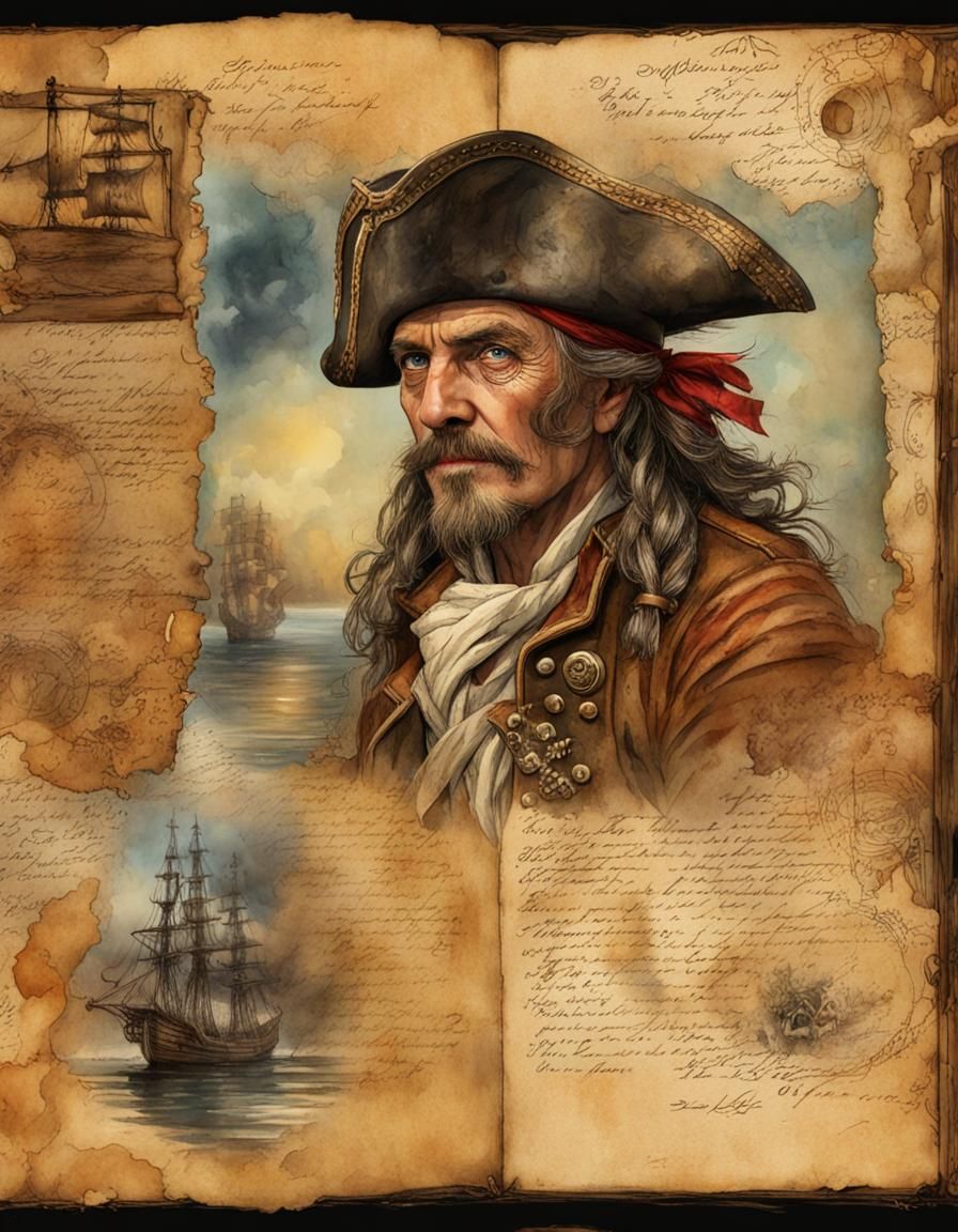 Old Pirate Portrait with Map in Watercolor Style