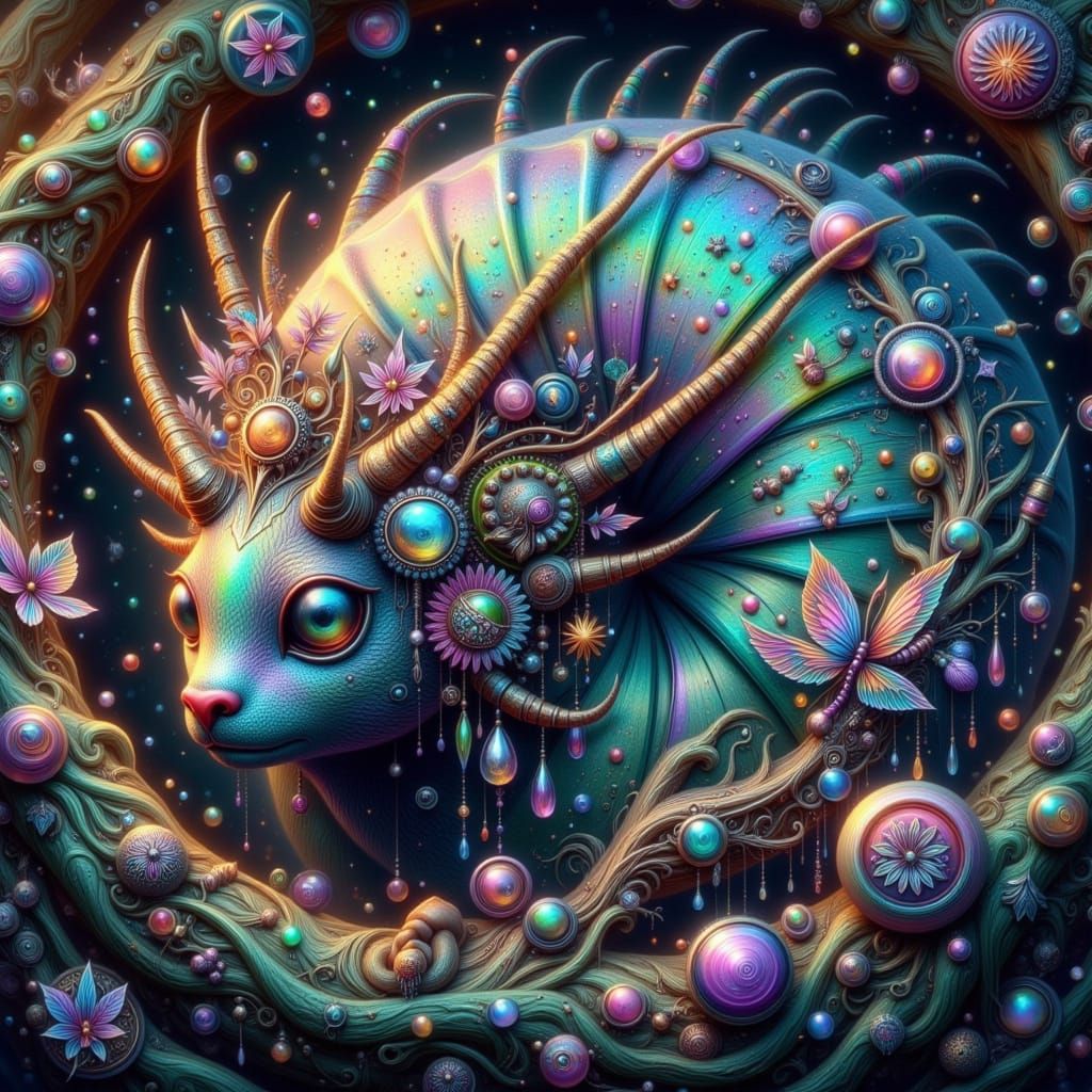 Surrealistic, 3D Ammonite Fae Critter Emerge from Vibrant Op...